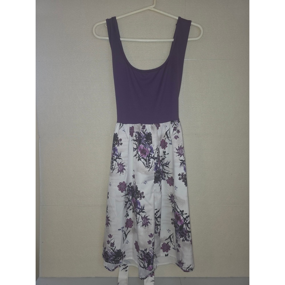 Purple Floral Fit and Flare Dress Sleeveless Scoop Neck Back Tie 3XL
